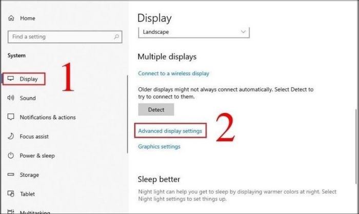 Chọn Display ở phía bên trái màn hình và tiếp theo nhấn vào Advanced display settings