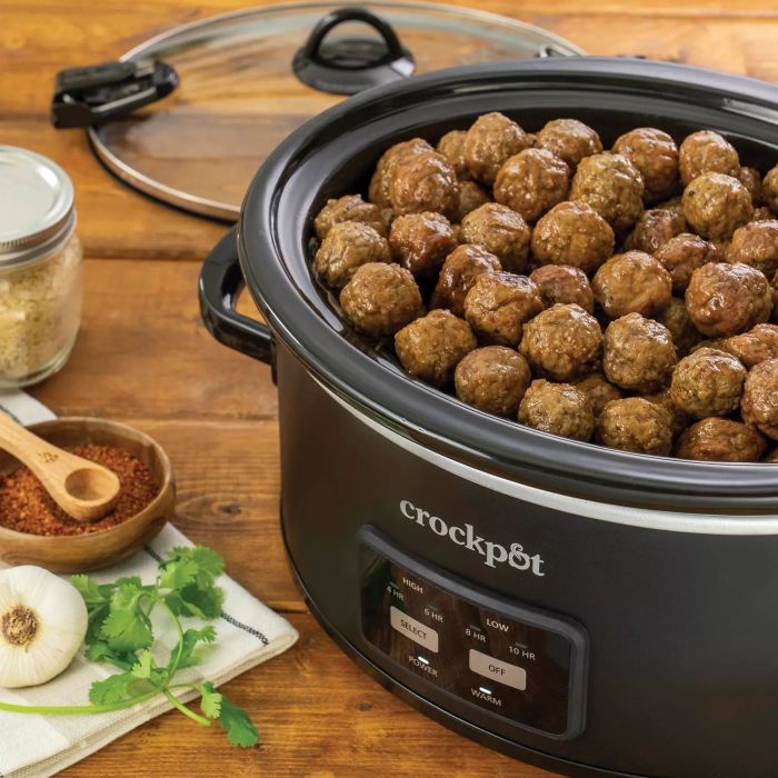 The Crock-Pot filled with meatballs, ready to be served.
