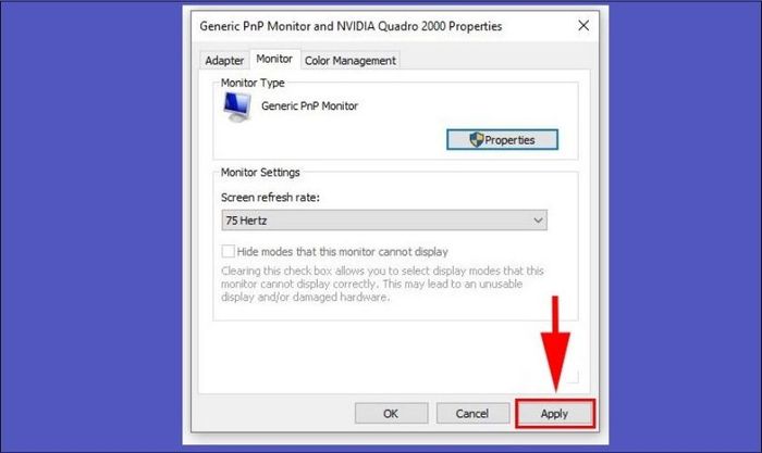 Nhấn vào nút Apply để kết thúc quá trình điều chỉnh tần số quét cho màn hình laptop bị sọc ngang nhấp nháy