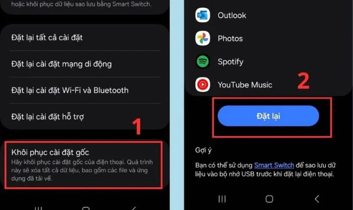 Chọn Khôi phục cài đặt gốc và nhấn Đặt lại