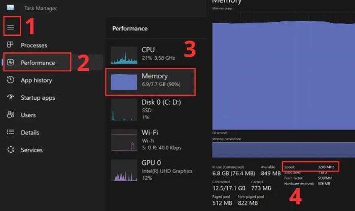 Chọn mục Performance và tiếp tục chọn Memory để xem thông tin Speed