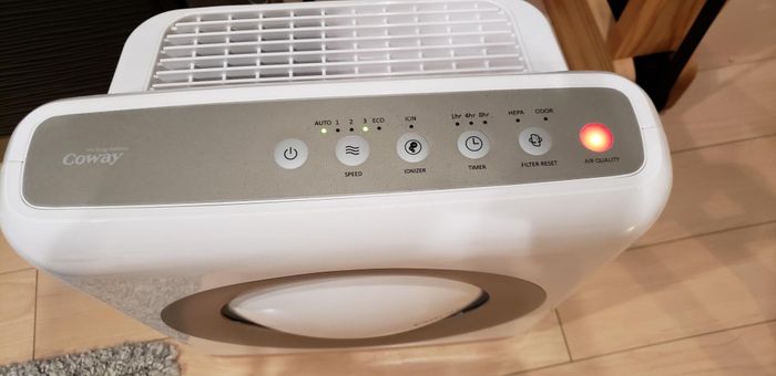 A top view of a Coway air purifier, showing its control panel with buttons for power, fan speed, and timer, along with an 