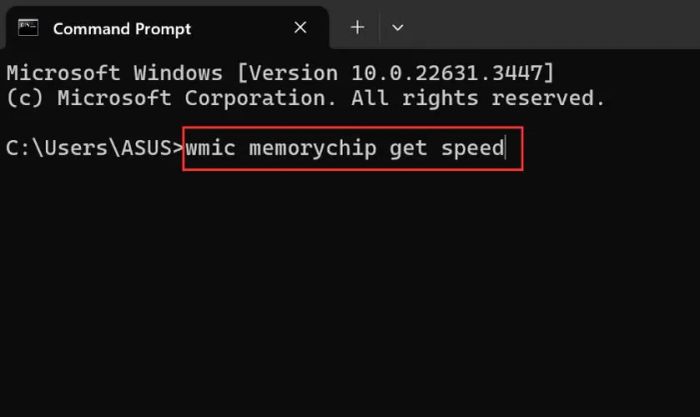 Nhập lệnh wmic memorychip get speed và nhấn Enter