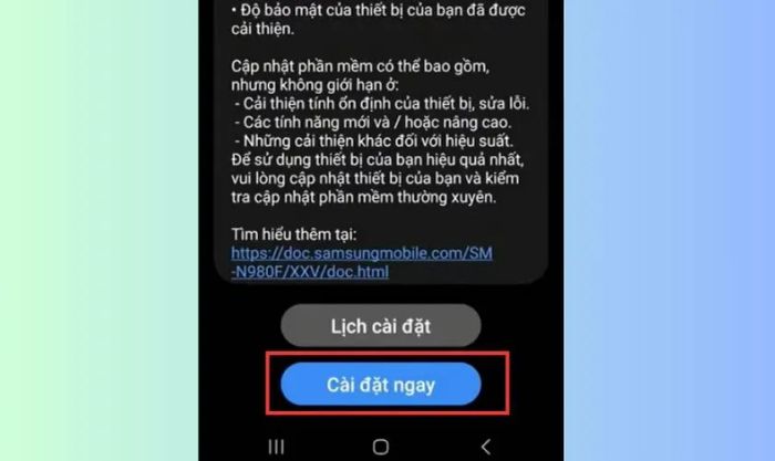 Nhấn Cập nhật ngay để cài đặt bản cập nhật phần mềm sửa lỗi cảm biến vân tay trên Samsung