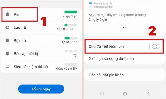 Nhấn vào nút tắt Chế độ Tiết kiệm pin