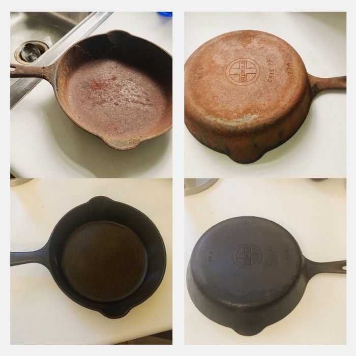 A before-and-after image showing a rusty cast iron pan restored to its rust-free glory