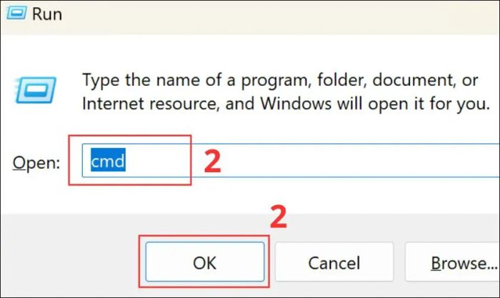 Nhấn tổ hợp phím Windows + R, nhập cmd và nhấn OK