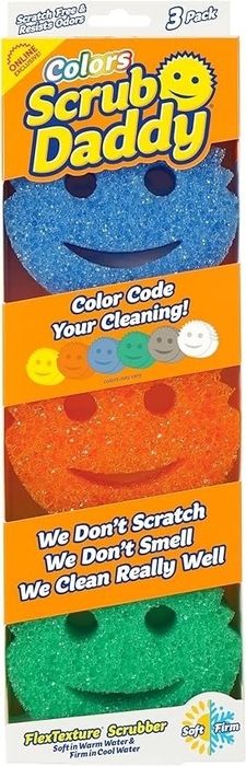 Scrub Daddy Colors 3-Pack: blue, orange, and green sponges with text that reads 