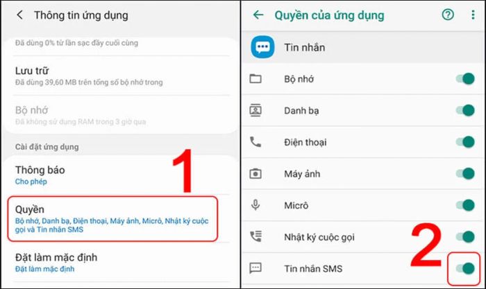Chuyển quyền truy cập tin nhắn sang trạng thái ON