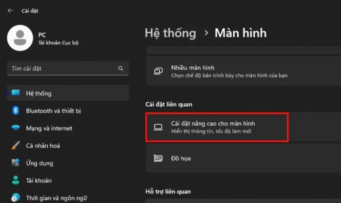 Điều chỉnh tần số quét tại mục cài đặt nâng cao cho màn hình