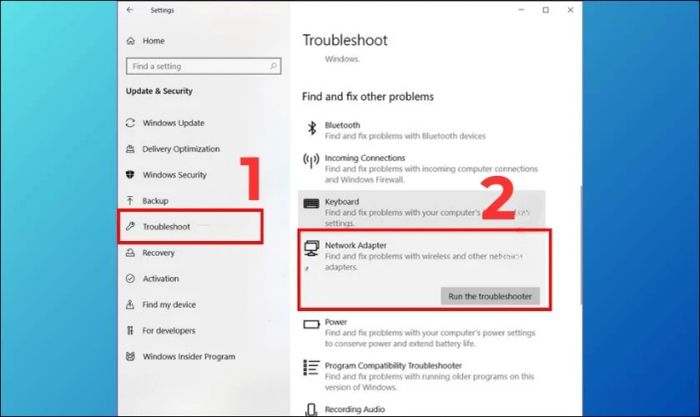 Chọn Troubleshoot và tiếp theo chọn Network Adapter, nhấn Run the troubleshoot.