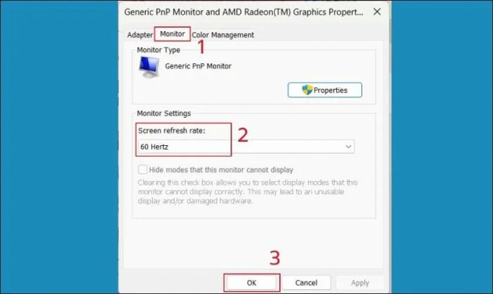 Vào Monitor, tại mục Screen refresh rate chọn tần số quét
