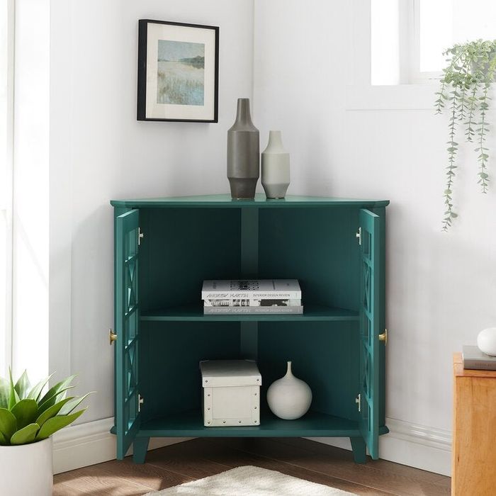 a stylish open teal corner cabinet designed to accentuate your space