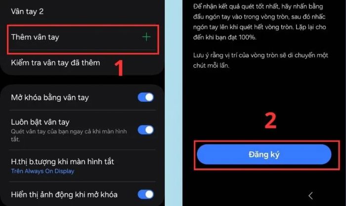 Chọn mục Thêm vân tay và sau đó nhấn Đăng ký để bắt đầu quá trình đăng ký dấu vân tay mới