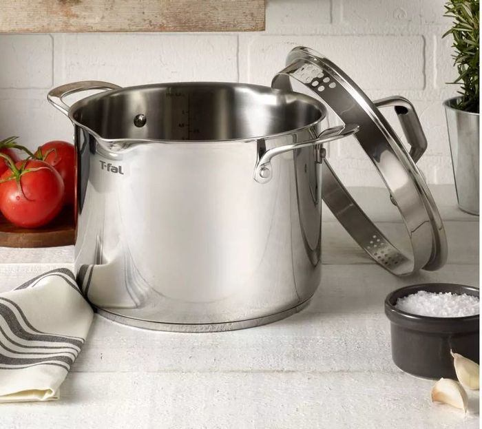 A sleek stainless-steel stock pot resting on the kitchen counter, ready for action.