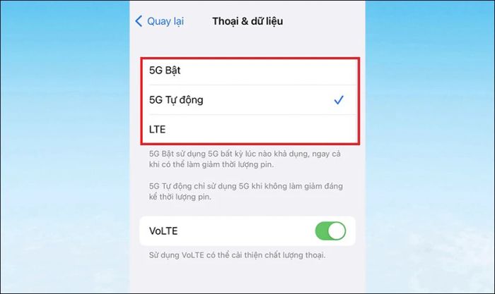 Bạn có thể lựa chọn giữa các tùy chọn 5G Bật, 5G Tự động hoặc LTE