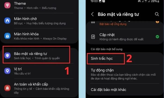 Vào Bảo mật và Riêng tư, chọn Sinh trắc học