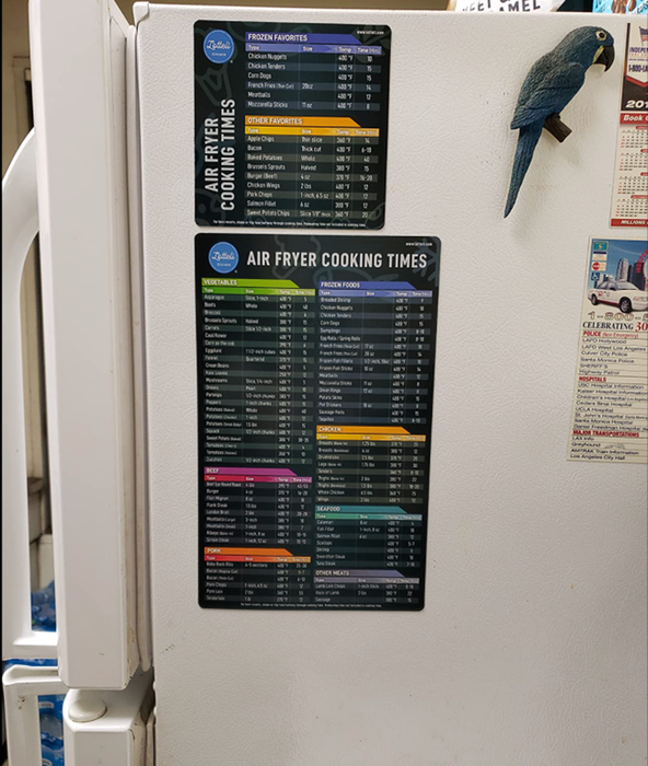 Two black magnetic cheat sheets stuck to a reviewer's fridge