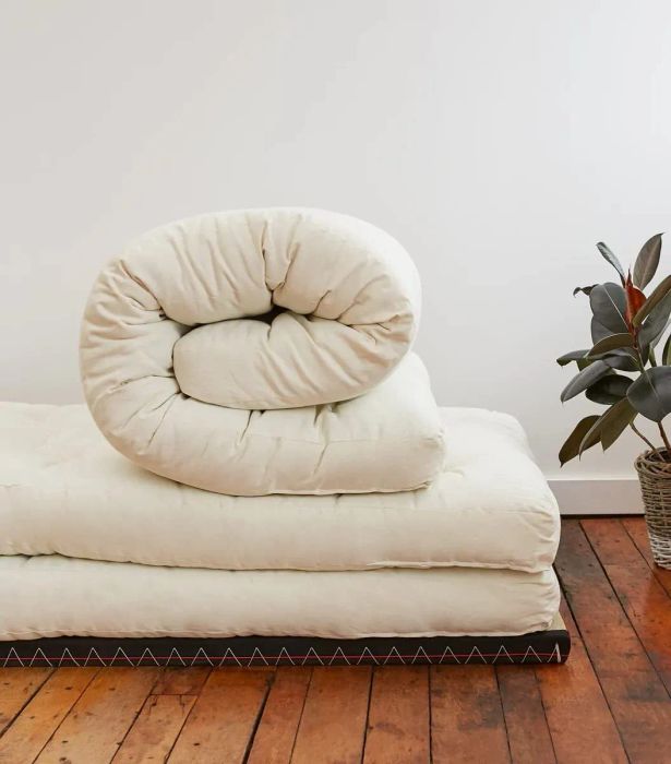 Rolled-up mattresses stacked on a wooden floor beside a potted plant