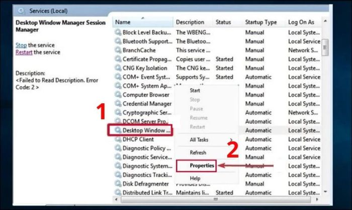 Chọn mục Desktop Window Manager Session Manager và nhấn vào Properties