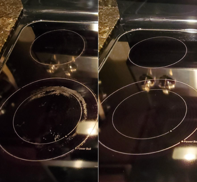 A before-and-after shot of a stained stovetop that’s been restored to a clean state