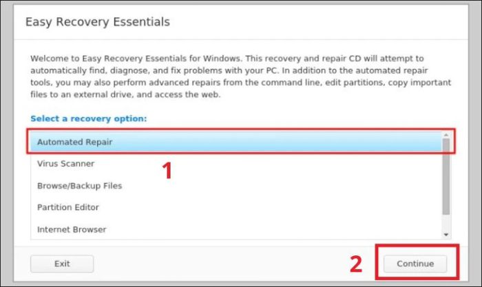 Trong cửa sổ Easy Recovery Essentials, chọn Automated Repair rồi nhấn Continue
