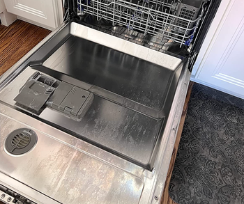 Reviewer photo showing hard water stains on their dishwasher before cleaning