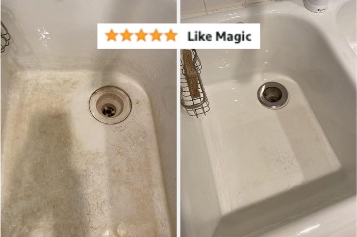 Before and after shots of a porcelain sink that’s been thoroughly cleaned, now looking bright, white, and shiny.