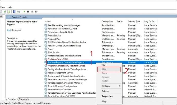 Vào mục Problem Reports and Solution Control Panel Support, nhấn Stop