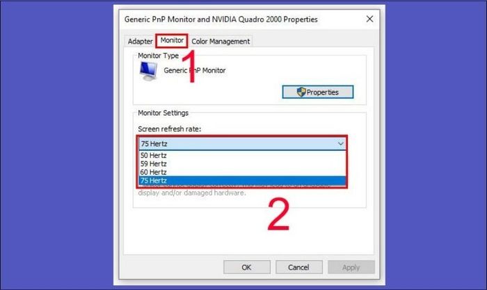 Nhấn vào hộp thả xuống của Screen refresh rate và chọn tần số quét theo yêu cầu