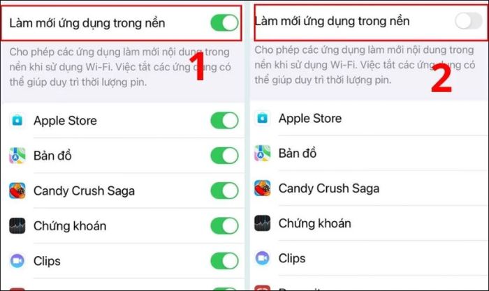 Nhấn vào mục Làm mới ứng dụng trong nền và chọn Tắt