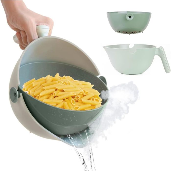 A model using the colander to drain water from freshly cooked pasta.