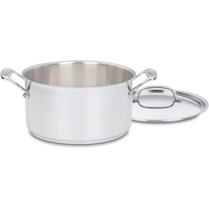 A stainless steel stockpot with matching lid and two convenient handles, ideal for cooking.