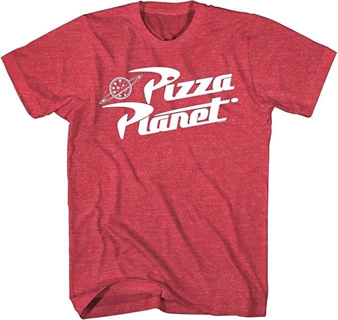 A red tee featuring the Pizza Planet logo