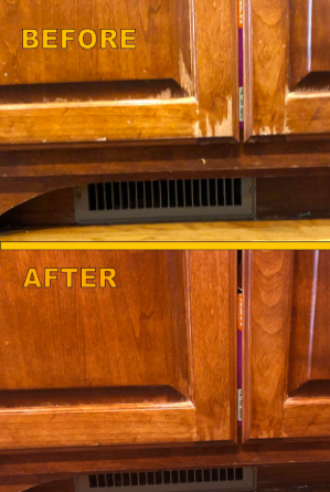 A reviewer’s photo showing scratched, worn-out kitchen cabinets, then looking brand new thanks to the wood polish, with all scratches gone