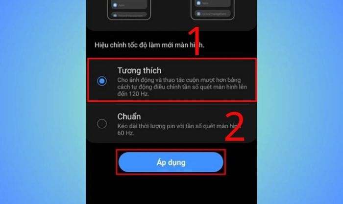 Vào mục Tương thích, rồi nhấn vào Áp dụng