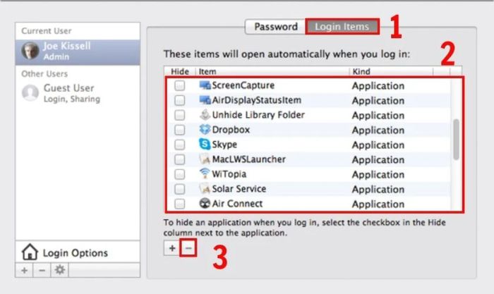 Chuyển đến tab Login Items, chọn ứng dụng cần đóng và nhấn (-) để loại bỏ