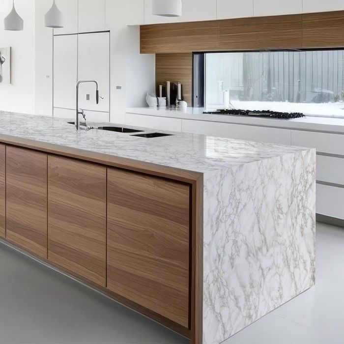The faux marble contact paper adorning a kitchen counter
