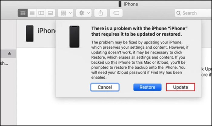 Nhấn vào Update để giải quyết tình trạng iPhone bị treo táo