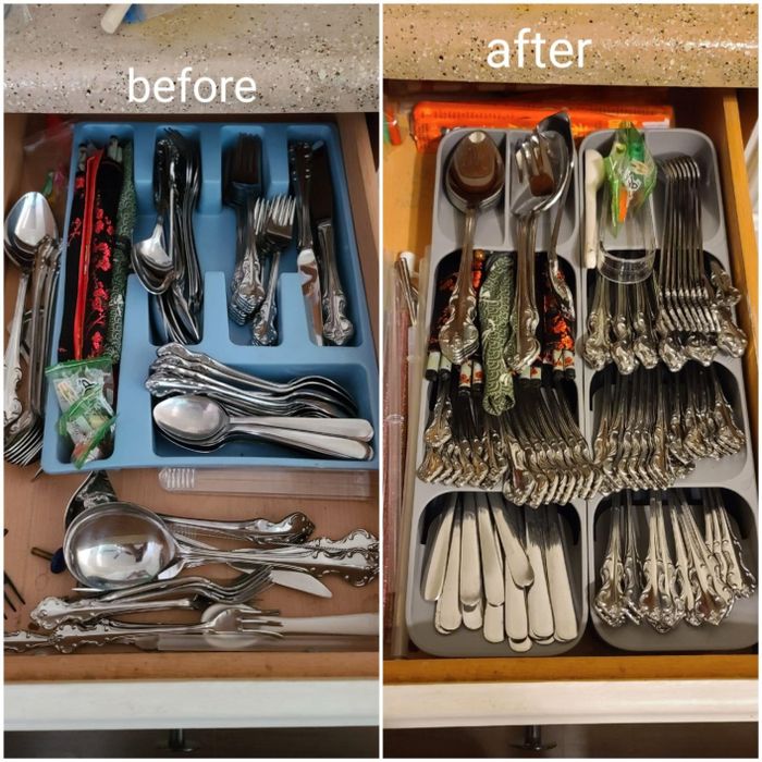 Before and after images of a silverware drawer, showing how an organizer creates better order and maximizes space.