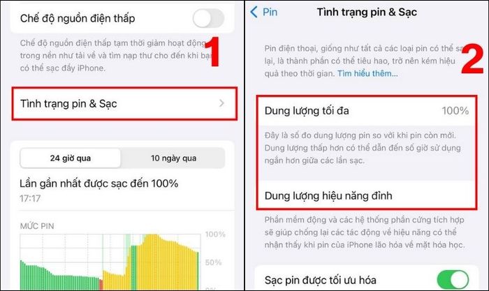 Chọn Tình trạng pin & Sạc và kiểm tra các thông tin về Dung lượng tối đa và Dung lượng hiệu năng