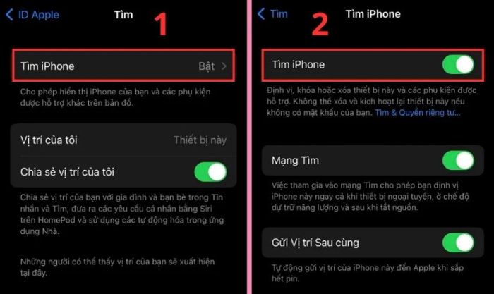 Chọn mục Tìm iPhone và bật tính năng này lên.