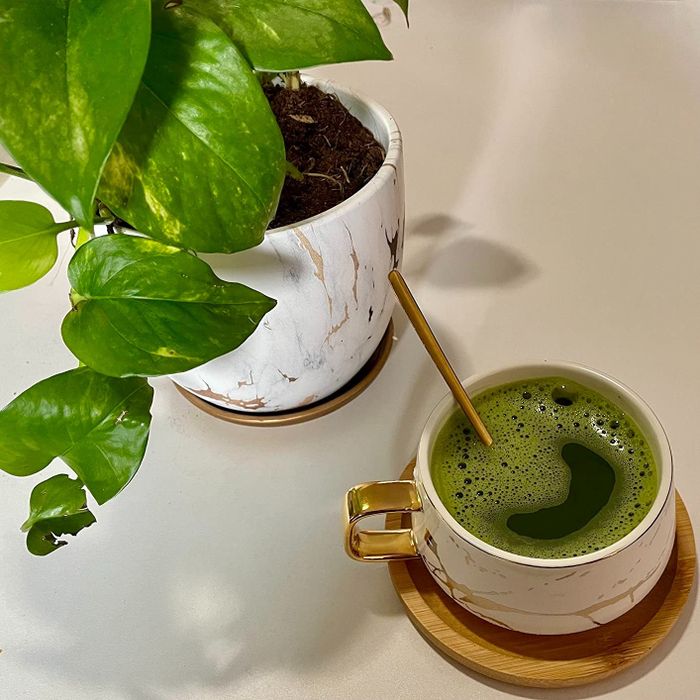 A matcha latte with a gold spoon beside a potted plant on a table, suggesting a chic home beverage choice