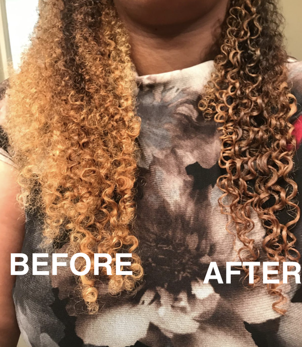 A customer review photo showing their hair, half brushed and half left unbrushed