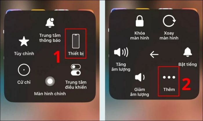 Chạm vào nút AssistiveTouch trên màn hình, chọn Thiết bị và Thêm
