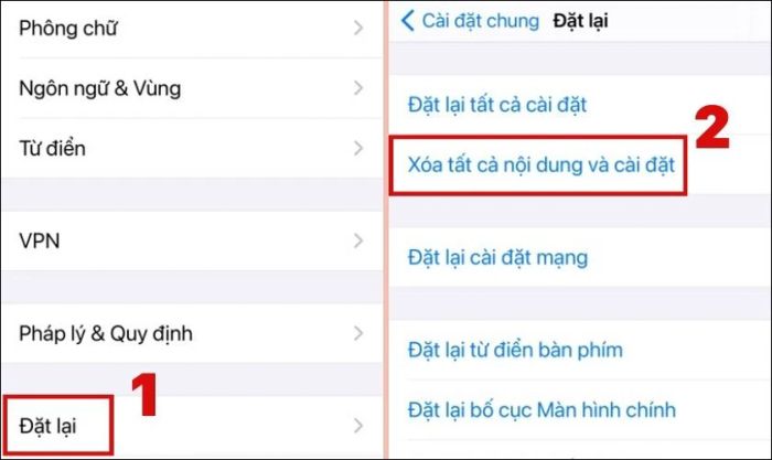 Từ các lựa chọn hiện ra, chọn Xóa tất cả nội dung và cài đặt
