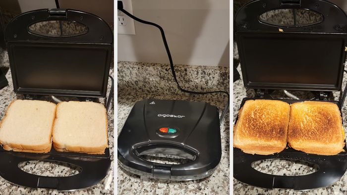 A three-part illustration showing a sandwich press at work making grilled cheese sandwiches. The first panel shows two raw sandwiches in the open press. The second panel displays the press closed. The third panel reveals the perfectly grilled sandwiches.