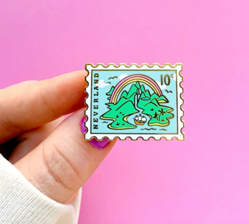 Another model showcasing a stamp-shaped pin with a Neverland design