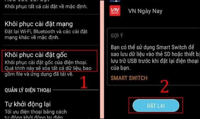 Chọn khôi phục cài đặt gốc và nhấn đặt lại để tiếp tục quá trình khôi phục