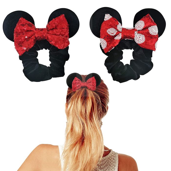 two Minnie Mouse scrunchies with red bows